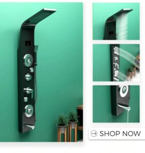 jsh stainless steel 304 grade shower panel for bathroom 6 in 1 shower with led rainfall shower panel | body massage | overhead shower | body jet | hand shower (black mirror finish)