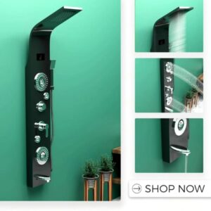 jsh stainless steel 304 grade shower panel for bathroom 6 in 1 shower with led rainfall shower panel | body massage | overhead shower | body jet | hand shower (black mirror finish)